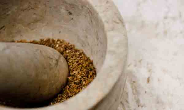 Grinding coriander seeds in mortar and pestle.