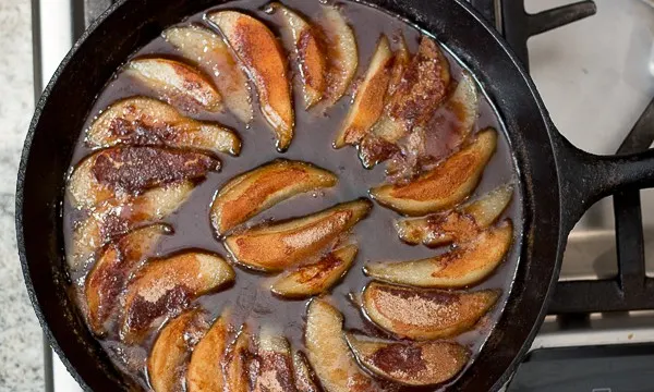 Upside-Down Caramelized Pear Tart Made in a Cast Iron Skillet