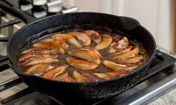 Upside-Down Caramelized Pear Tart Made in a Cast Iron Skillet