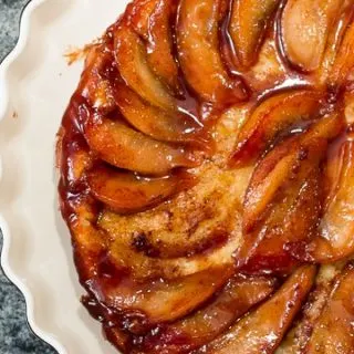 Upside-Down Caramelized Pear Tart Made in a Cast Iron Skillet