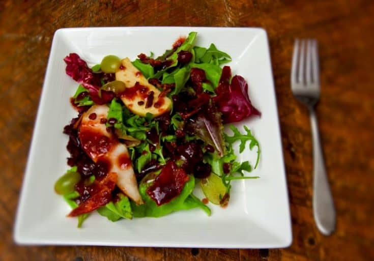 Apple-Pear Salad with Maple Pecan Bacon and Cranberry Vinaigrette is the perfect salad or side to serve at Thanksgiving.