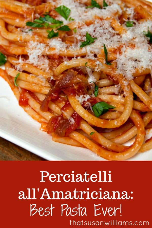 Perciatelli all’Amatriciana truly is the best pasta ever! At least, it’s the best pasta I’ve ever eaten, bar none! Rich concentrated tomato flavor, a hint of heat from the peppers, and the smoky taste of bacon! #pasta #bacon #Italian
