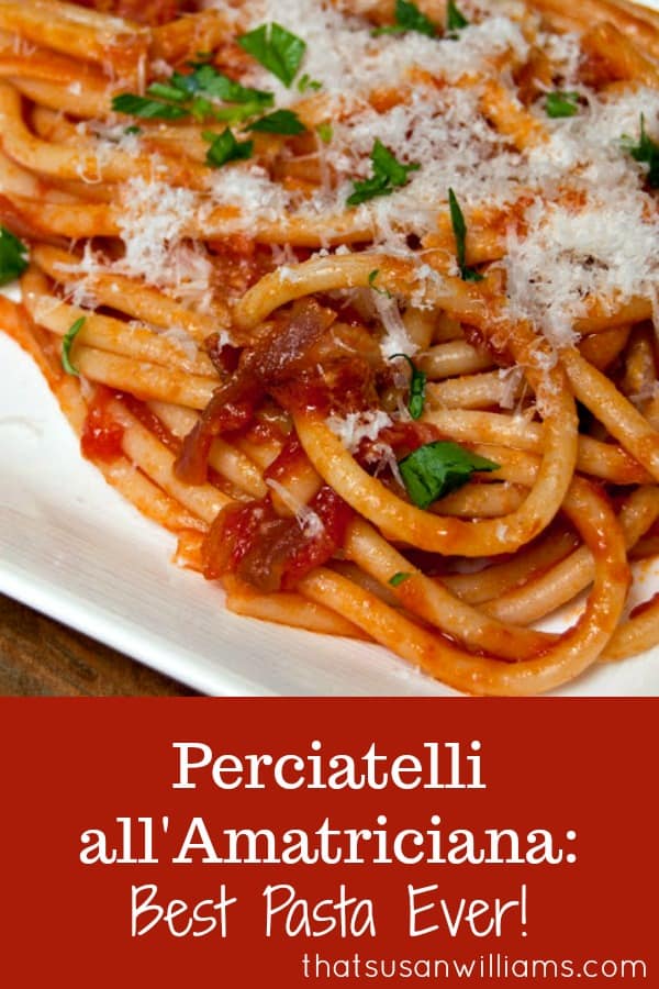 Perciatelli all’Amatriciana truly is the best pasta ever! At least, it’s the best pasta I’ve ever eaten, bar none! Rich concentrated tomato flavor, a hint of heat from the peppers, and the smoky taste of bacon! #pasta #bacon #Italian