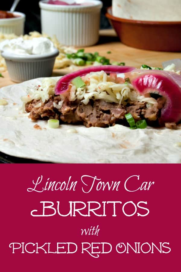 Cheap, easy and delicious, Lincoln Town Car Burritos are a frugal meal of beans, but the pickled onions take them over the top. #frugal #beans #burritos #Mexican #CincodeMayo #refriedbeans #pickledredonions