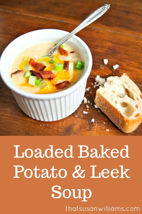 Loaded Baked Potato Leek Soup with Bacon is perhaps the ultimate comfort food! Perfect for those looking for frugal recipes. #soup #potatosoup #potatoleeksoup