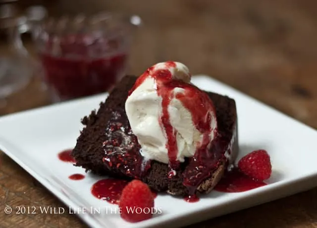 Chocolate Sour Cream Pound Cake with Raspberry Sauce