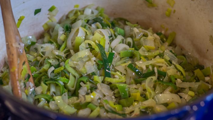 Here's what the leeks look like softening up in my Dutch oven.