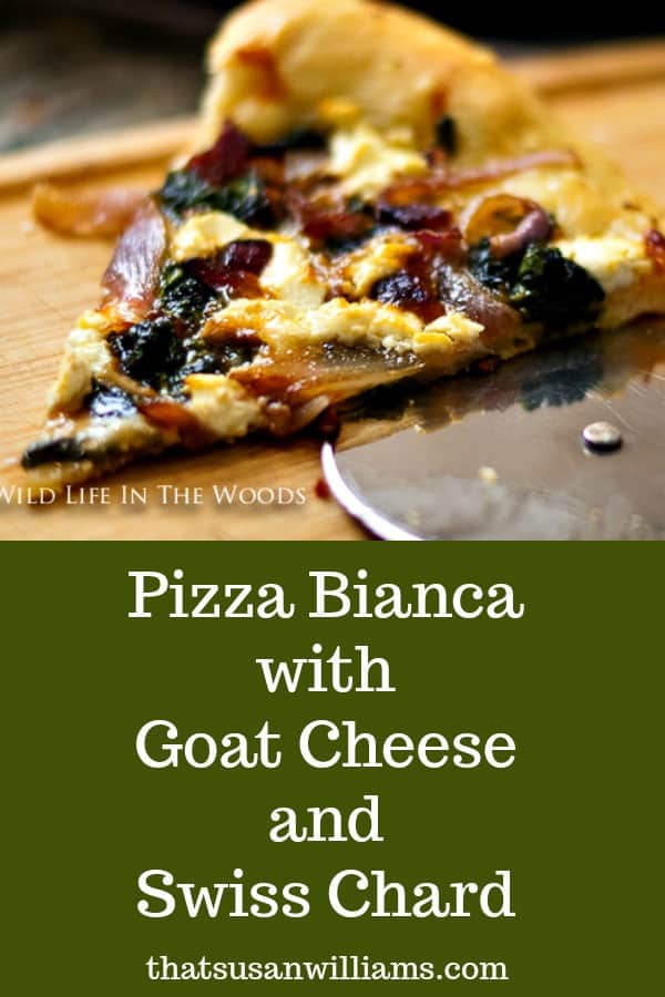 Looking for a pizza recipe that is straight from Italy to use the greens you have lying around? This recipe utilizes Swiss Chard, the best tasting green, garlic, and goat cheese! Yum! #pizza #pizzabianca #swisschard