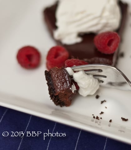 Chocolate Glazed Chocolate Tart with Raspberries and Whipped Cream