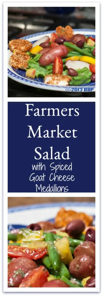 Farmer's Market Salad is a composed salad that can be varied to fit whatever shows up fresh in YOUR produce basket, but the spiced slices of goat cheese are not to be missed! Heavenly! #goatcheese #salad #composedsalad #summer #veggies #freshproduce