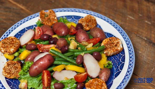 Farmer's Market Salad with Spiced Goat Cheese Medallions is a composed salad recipe made with the fresh vegetables of summer.