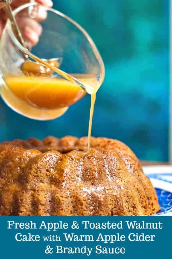 Fresh Apple and Toasted Walnut Cake with Warm Apple Cider and Brandy Sauce #recipe #fall #fallrecipe #falldessert #apple #applecake 