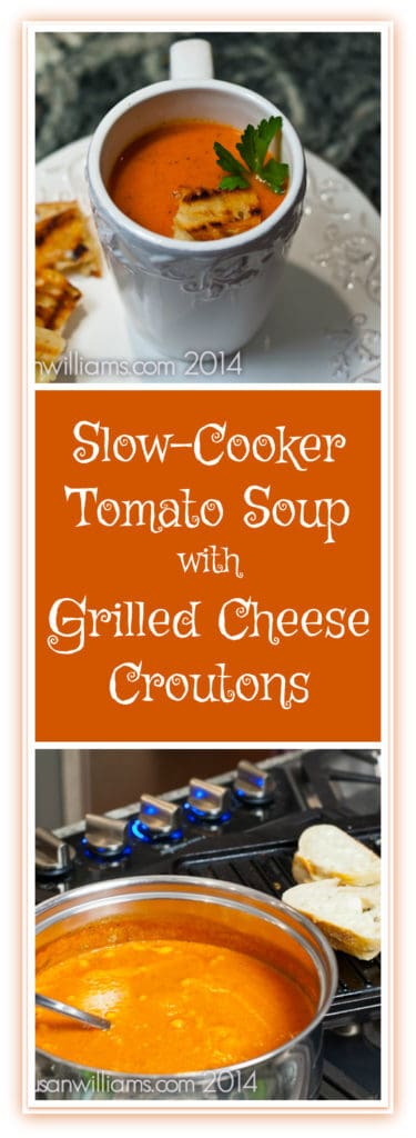 Slow Cooker Tomato Soup with Grilled Cheese Croutons is delicious comfort food, on a chilly day!