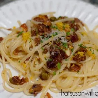 A vegetarian pasta with browned butter, dried fruits and nuts.