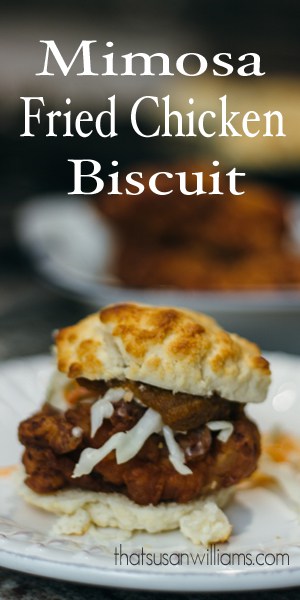 Mimosa Fried Chicken Biscuits with Sriracha Slaw an Sweet Potato Butter are the perfect meal to serve during a football game, perhaps with a glass of your favorite Highland Brewing Beer.