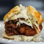 Mimosa Fried Chicken Biscuits with Sriracha Slaw an Sweet Potato Butter are the perfect meal to serve during a football game, perhaps with a glass of your favorite Highland Brewing Beer.