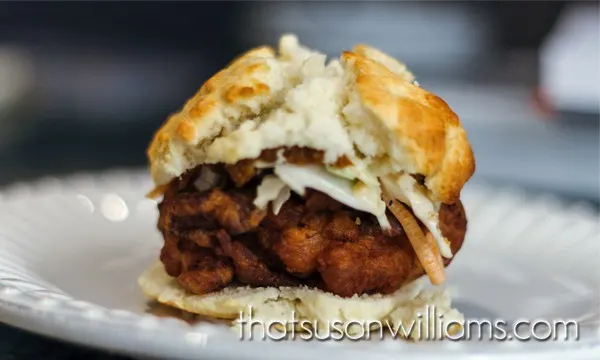 Mimosa Fried Chicken Biscuits with Sriracha Slaw an Sweet Potato Butter are the perfect meal to serve during a football game, perhaps with a glass of your favorite Highland Brewing Beer.