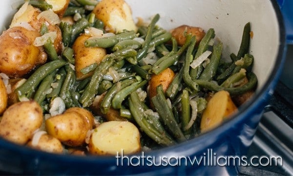 Just like Grandma used to make. More or less. Stove top, Southern Green Beans and Potatoes. #southern #potlikker #greenbeans #newpotatoes #potatoes