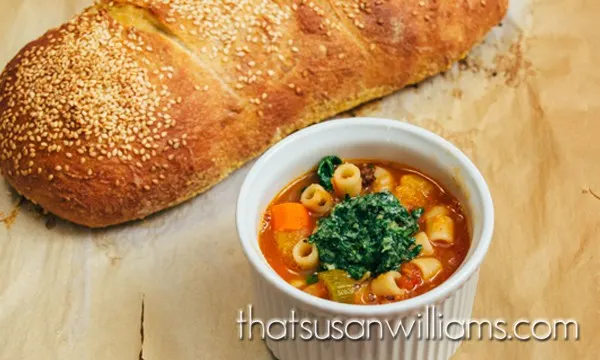 Minestrone with Pesto and Garlic Bruschetta