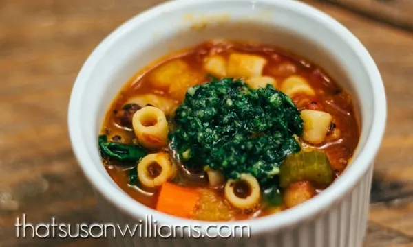 Minestrone with Pesto and Garlic Bruschetta