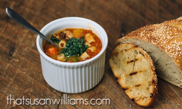 Minestrone with Pesto and Garlic Bruschetta