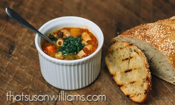 Minestrone with Pesto and Garlic Bruschetta