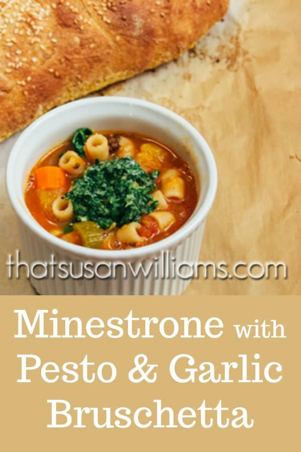 Minestrone with Pesto and Garlic Bruschetta: the pesto really enriches the flavor, and the garlic bruschetta? Well, they're a bonus! #soup #Italiansoup #Italian #vegetablesoup