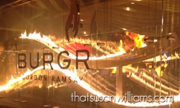 The famous Wall of Flame, on the exterior wall of Gordon Ramsay's BurGR.