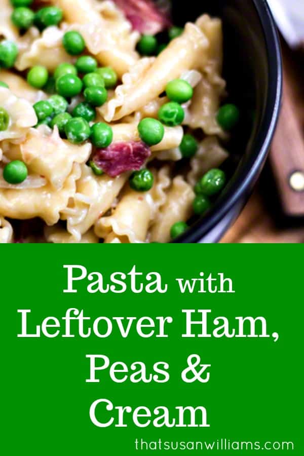 A delicious recipe with moneysaving tips that uses leftover ham, that’s not just a casserole. A quick, easy and yummy weeknight meal/Desperation Dinner you can throw together in a flash. By the time the pasta is cooked the sauce is ready! #leftoverham #leftoverhamrecipe #Easter #pasta