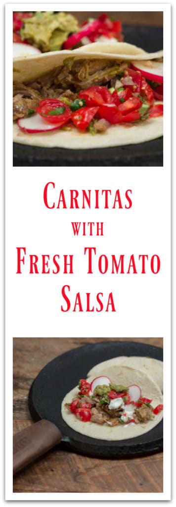 Mexican Carnitas Tacos Recipe with Fresh Tomato Salsa in a Lodge Enameled Cast Iron Dutch Oven