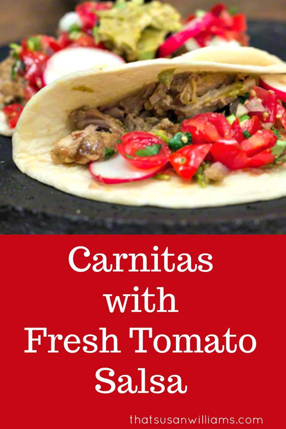 Mexican Carnitas Tacos Recipe with Fresh Tomato Salsa in a Lodge Enameled Cast Iron Dutch Oven