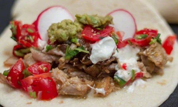 Mexican Carnitas Tacos Recipe with Fresh Tomato Salsa in a Lodge Enameled Cast Iron Dutch Oven