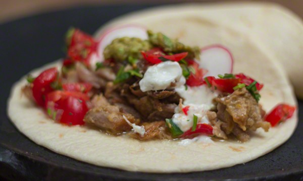 Mexican Carnitas Tacos Recipe with Fresh Tomato Salsa in a Lodge Enameled Cast Iron Dutch Oven