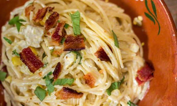 Fresh Corn Carbonara with a Quick Cleanup, using Scotch-Brite® Scrubbing Dish Cloth