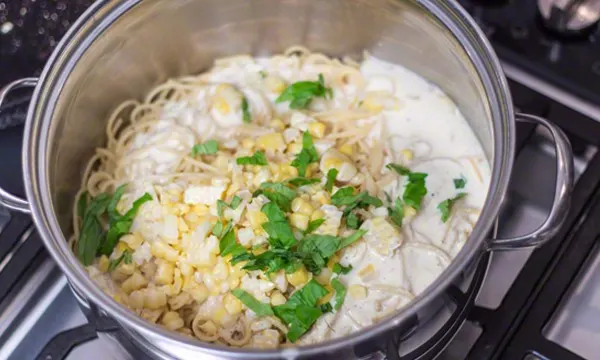 Fresh Corn Carbonara with a Quick Cleanup, using Scotch-Brite® Scrubbing Dish Cloth