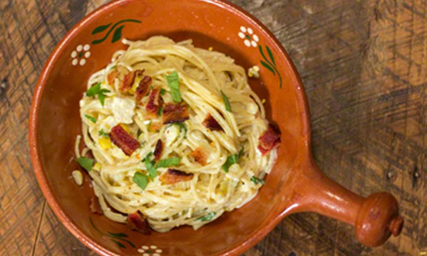 Fresh Corn Carbonara with a Quick Cleanup, using Scotch-Brite® Scrubbing Dish Cloth