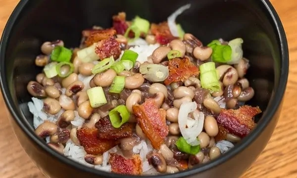 Purple Hull Peas with Bacon and Rice