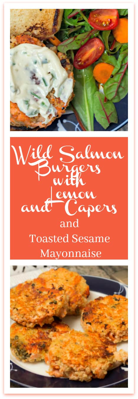 Wild Salmon Burger with Lemon, Capers and Toasted Sesame Mayonnaise: a more affordable way to enjoy wild salmon.