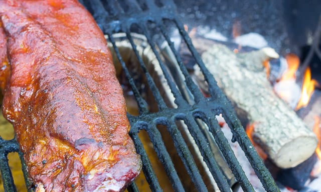  Smithfield Extra Tender Extra Meaty Pork Back Ribs, on the Grill, over a drip pan/moisture pan with Kingsford Charcoal and Hickory Wood