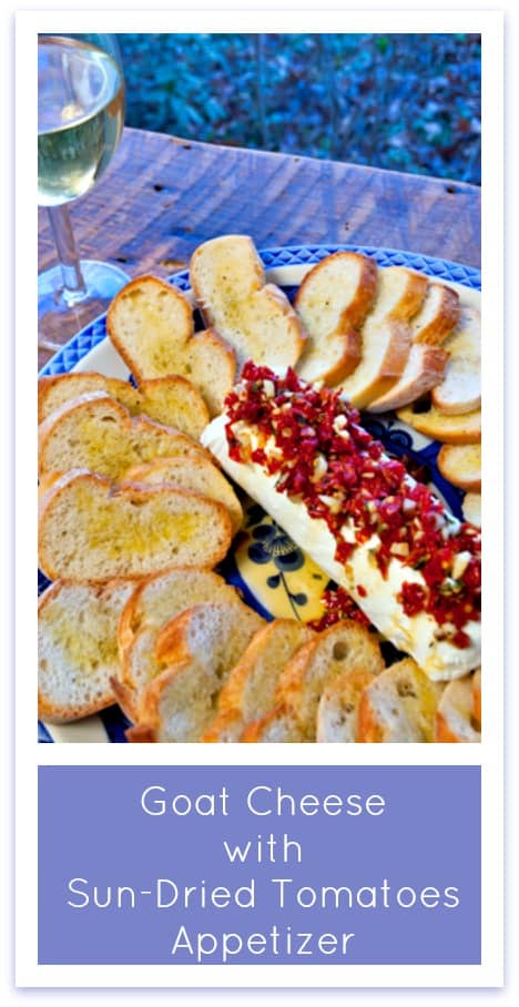 A Thanksgiving appetizer that's quick, easy, beautiful, and amazingly delicious! Goat Cheese with Sun-Dried Tomatoes, Garlic, and Rosemary on Crostini. Perfect for Christmas parties, too!