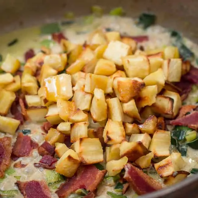 Pasta with Roasted Parsnips, Leeks and Bacon