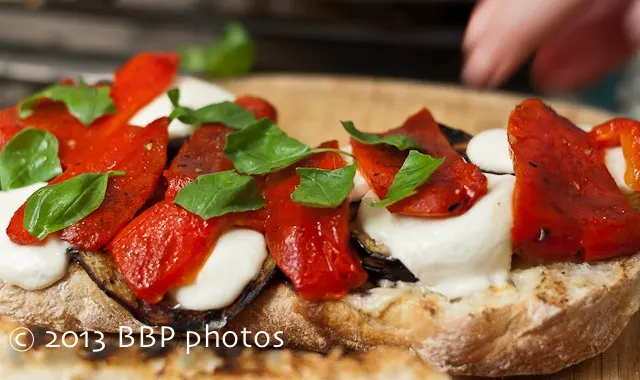 Grilled Eggplant, Red Pepper and Fresh Mozzarella on Ciabatta Sandwich