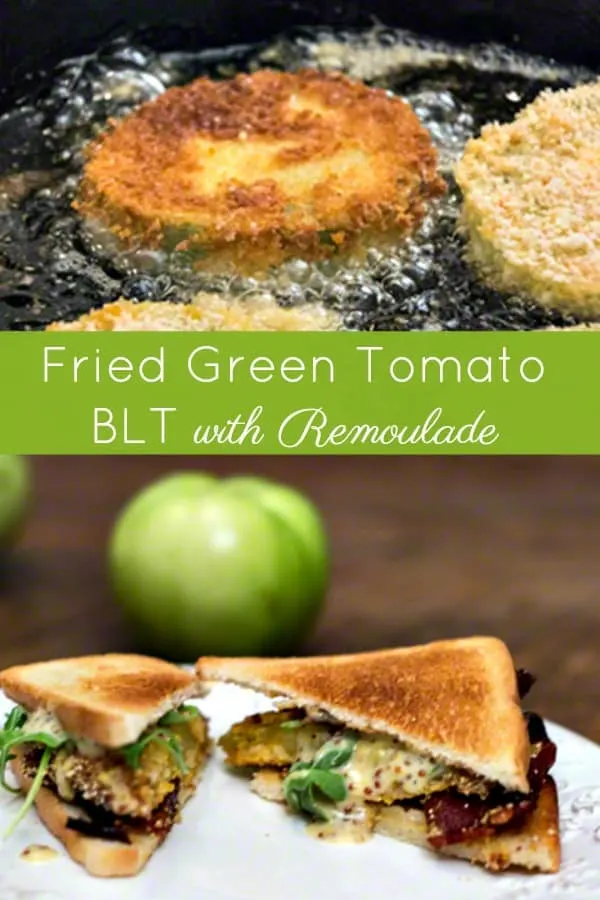 Fried Green Tomato BLT Sandwich with a slightly spicy remoulade. #southernrecipes #friedgreentomatoes #summer #summerrecipe