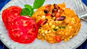 Southern Summer Risotto in a Pressure Cooker: with Corn, Tomatoes and Bacon