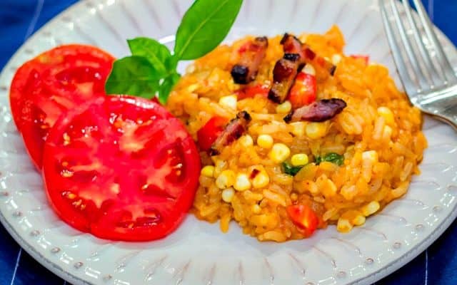 Southern Summer Risotto in a Pressure Cooker: with Corn, Tomatoes and Bacon