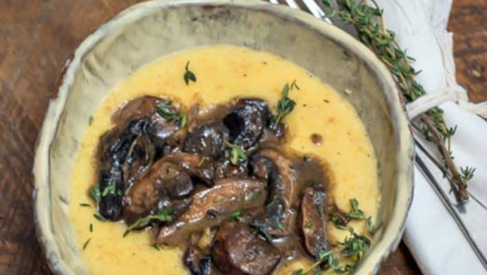 Luscious Mushrooms with Creamy Polenta is a delicious sautéed mushroom recipe, perfect as a vegetarian weeknight meal. #mushrooms #sautéed #recipe #vegetarian