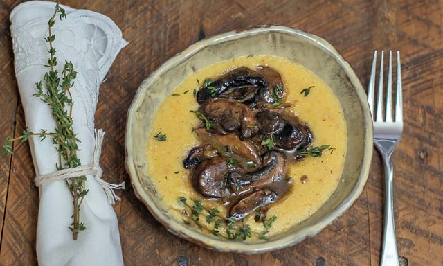 Luscious Mushrooms with Creamy Polenta is a delicious sautéed mushroom recipe, perfect as a vegetarian weeknight meal. #mushrooms #sautéed #recipe #vegetarian