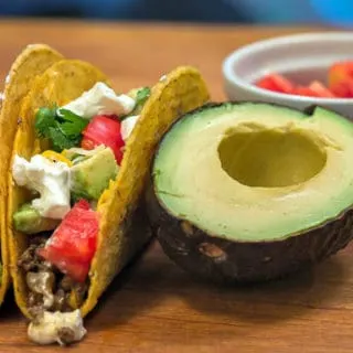 Lunch Lady Venison Tacos and an Avocado half
