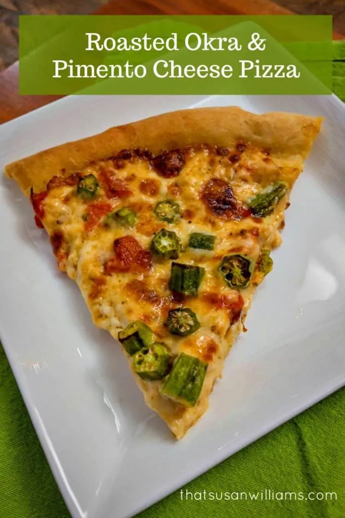 Take two Southern favorites, okra, and pimento cheese, and slather them atop a homemade crust, and you've got an amazingly awesome pizza: Roasted Okra on Pimento Cheese Pizza. #pizza #Southern #okra #pimentocheese