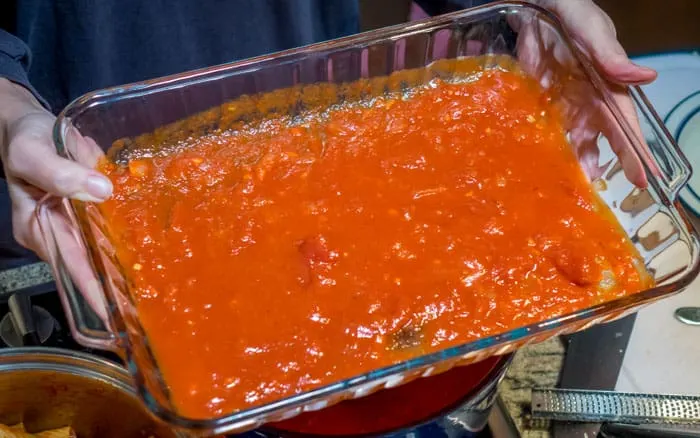 First Layer of Sauce in Pan